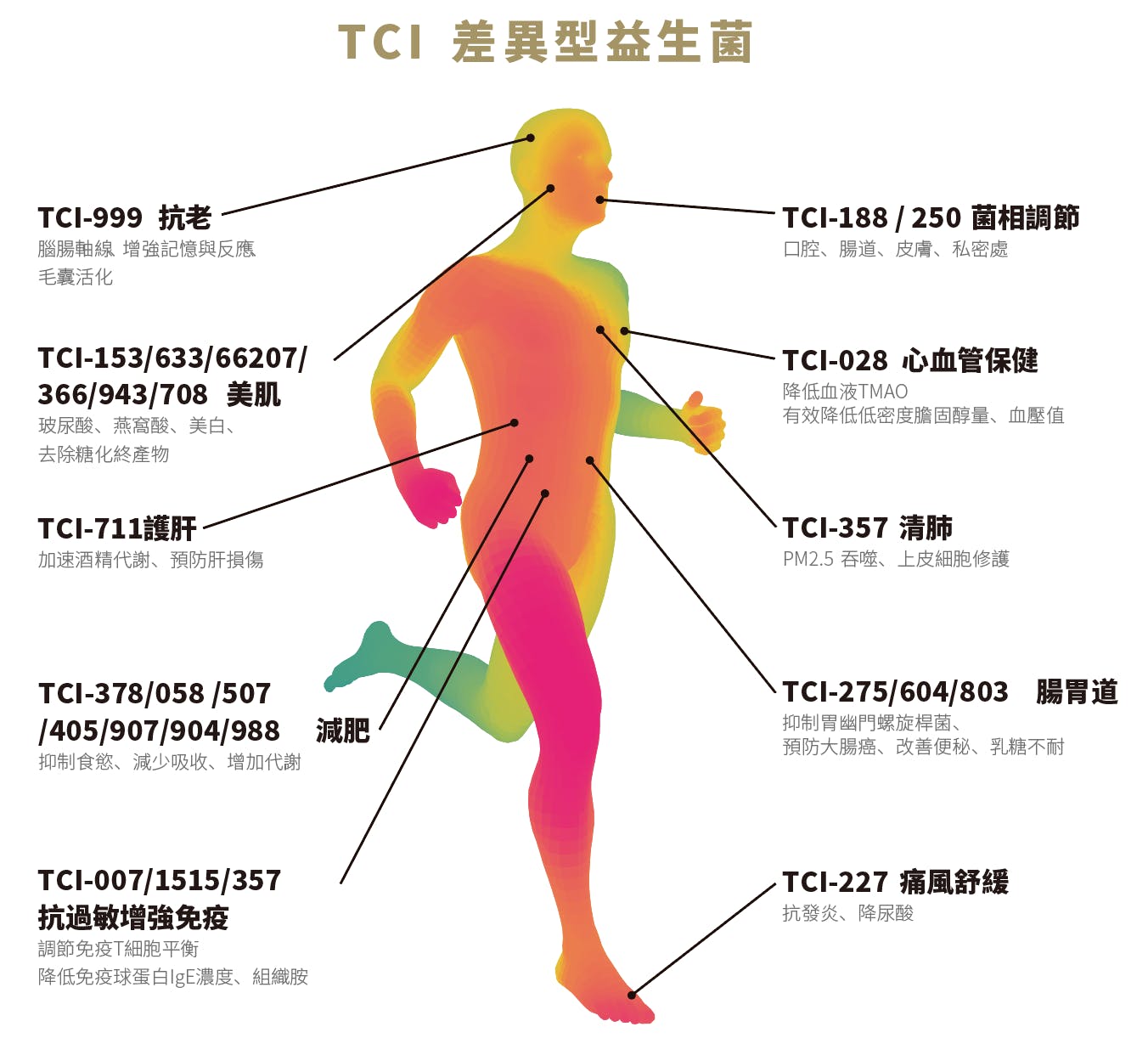 TCI大江生醫集團-全球保健食品代工廠，投入數十億研發經費，歷經四十多年研究找出最符合亞洲人的差異型益生菌，是將戰局拉到亞洲最大的關鍵。