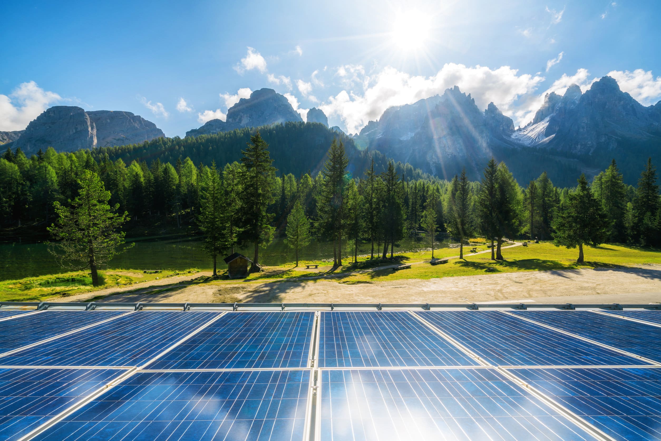 Solar cell panel in country mountain landscape