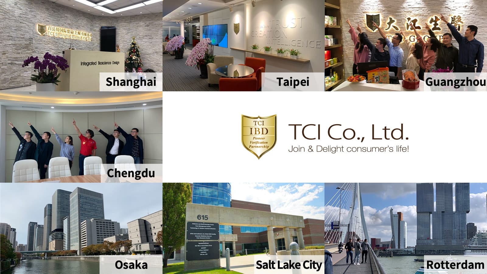 TCI Shanghai office, Taipei office, Guangzhou office, Chengdu office, Osaka office, SLC office, Rotterdam office