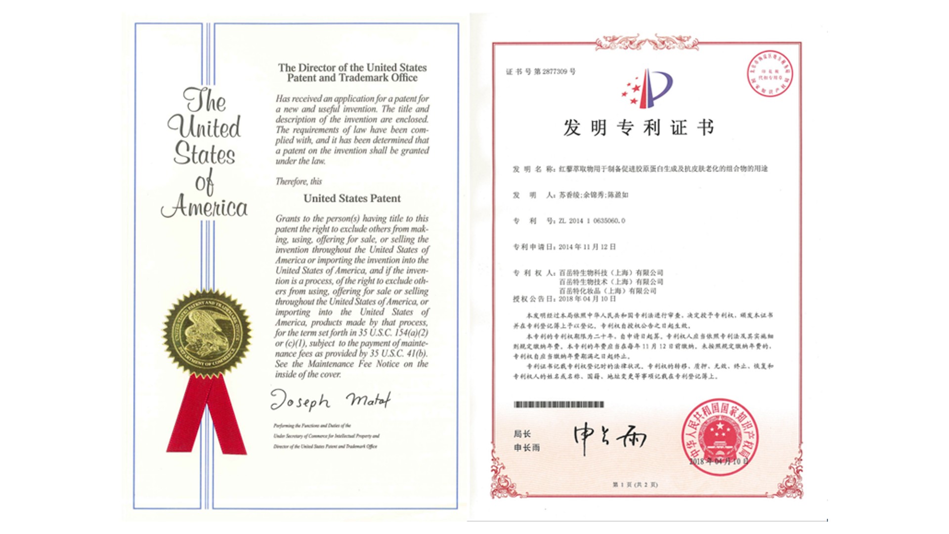 中國發明專利ZL201410635060.0，美國發明專利US9687438B2：使用台灣藜提取物製備促進膠原蛋白生成和抗衰老的組合物｜膠原蛋白代工