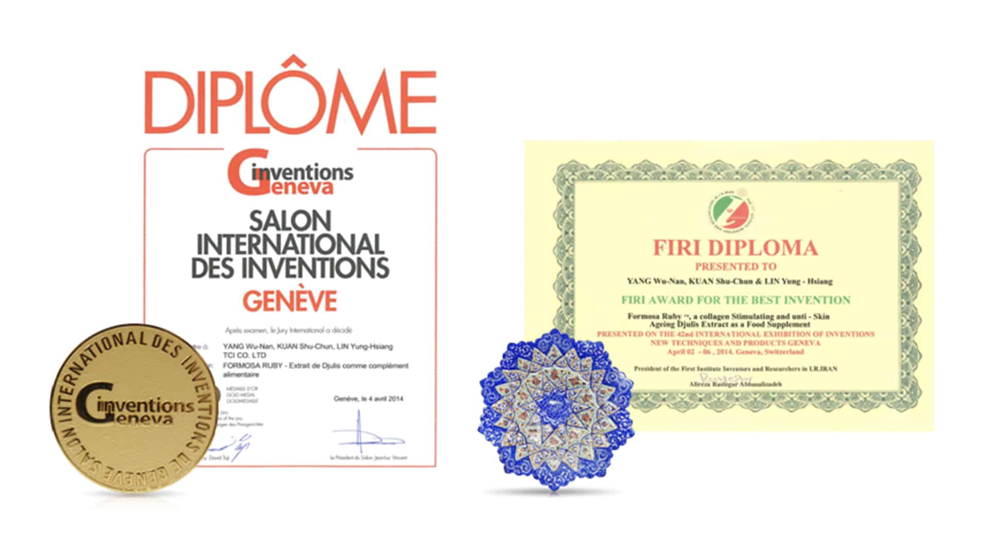 Gold medal and Special award at the 2014 Geneva International Exhibition of Inventions: Chenopodium formosanum extract promotes collagen proliferation and anti-glycation
