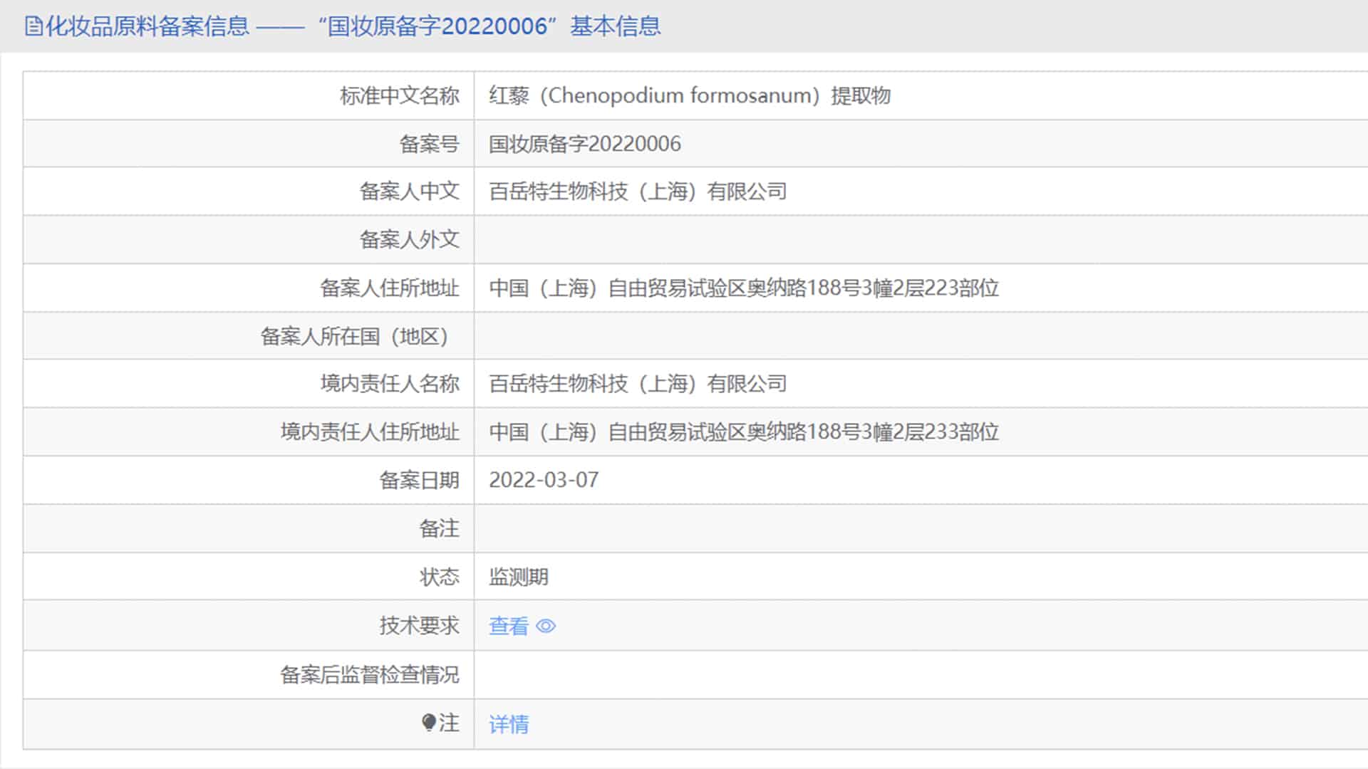 TCI申報的化妝品新原料——台灣藜提取物已備案並公佈。
